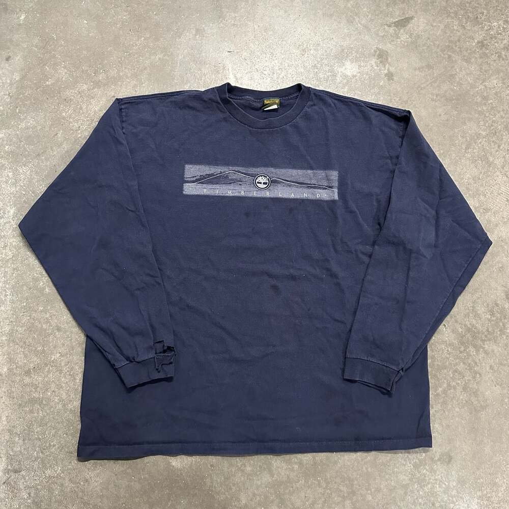 Vintage Thrashed Timberland Mountain Graphic Navy Blue Long Sleeve T-Shirt XXL